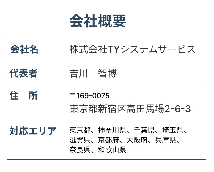 会社名
株式会社TYシステムサービス
代表者
吉川　智博
住所
〒169-0075
東京都新宿区高田馬場2-6-3
対応エリア
東京都、神奈川県、千葉県、埼玉県
滋賀県、京都府、大阪府、兵庫県、奈良県、和歌山県